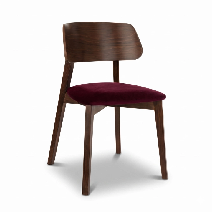 Krzesło tapicerowane VELA, bordowe z drewnianymi orzechowymi nogami | nowoczesne, do jadalni
